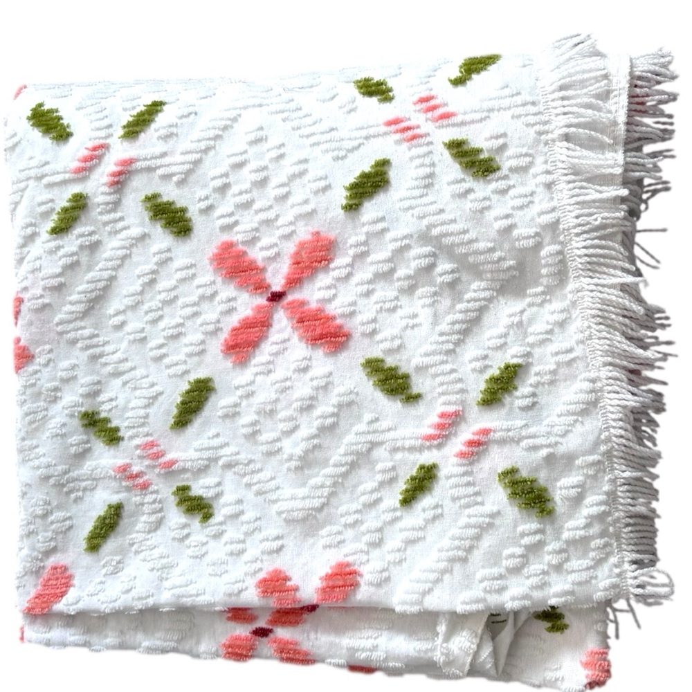 Vintage Tufted Popcorn Floral White Chenille Bedspread King MCM Pink Fringe